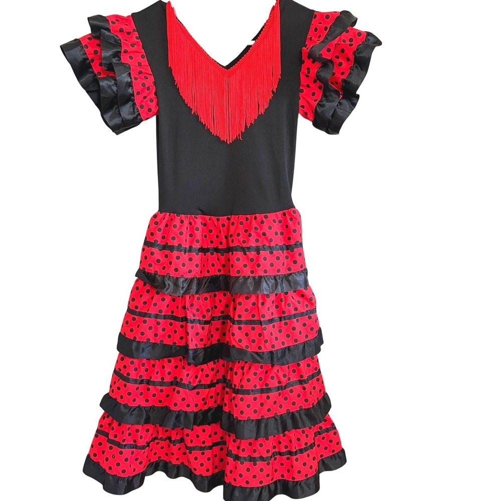 Women Size 4 Flamenco Dress Red Black Polka Dot Ruffle Tiered Fringe Costume
